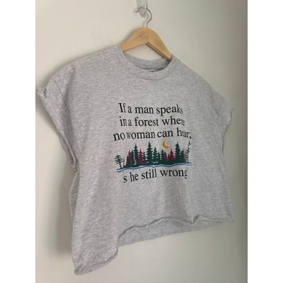 Graphic Cotton Cropped T Shirt"If a Man Speaks..."  -Heather Grey, L - Picture 2 of 7